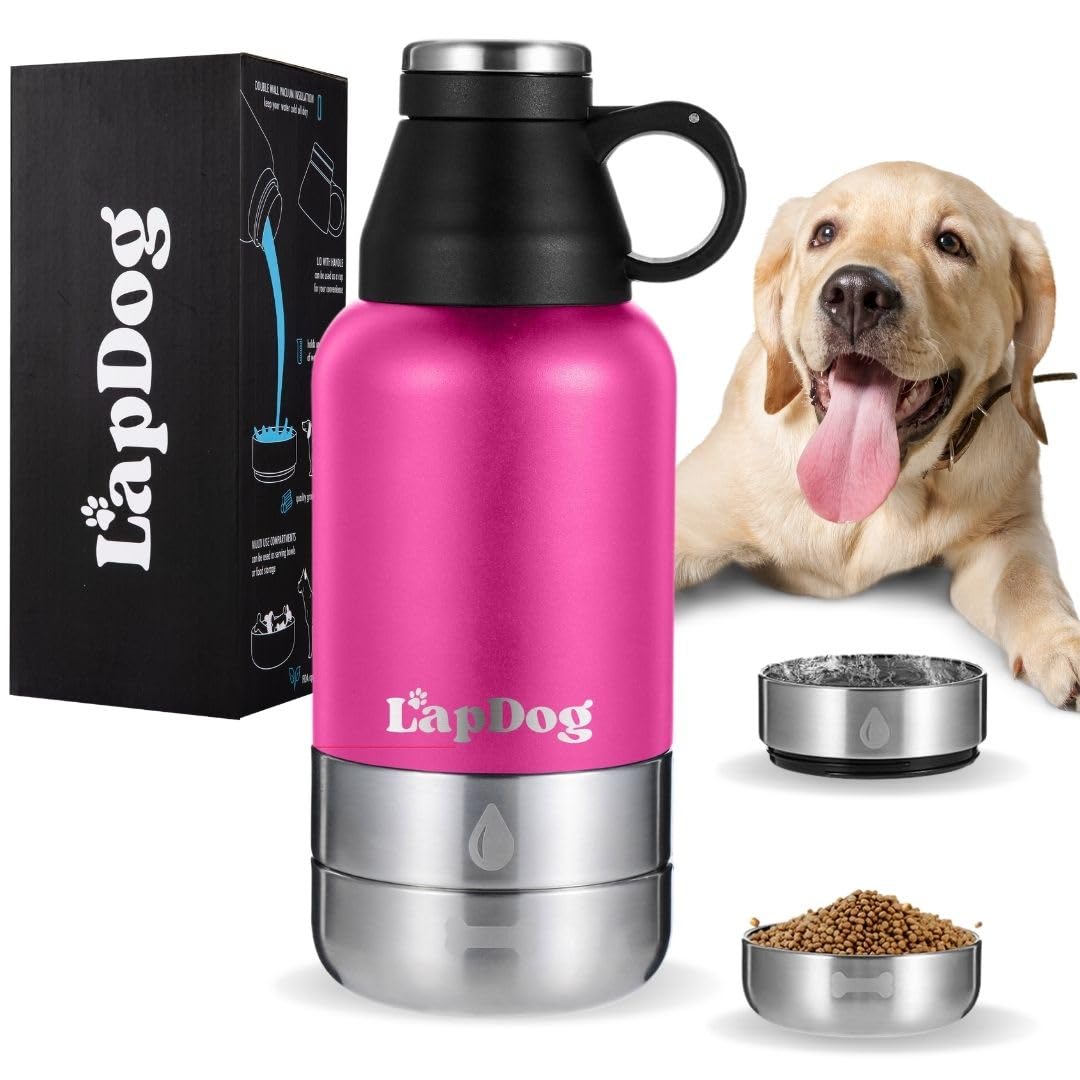Lapdog Portable Dog Water Bottle & Food Bowls All-in-One Accessories for Walking Hiking Beach- Double Walled Insulated Stainless Steel Water Dispenser (Pink Without Neoprene Bag)