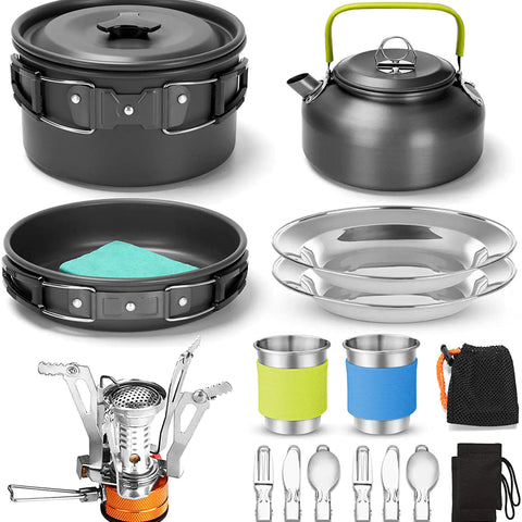 Outdoor Cooking Gear Set with Stove, Pot, and Teapot