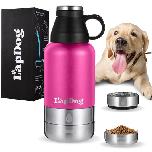 Lapdog Portable Dog Water Bottle & Food Bowls All-in-One Accessories for Walking Hiking Beach- Double Walled Insulated Stainless Steel Water Dispenser (Pink Without Neoprene Bag)