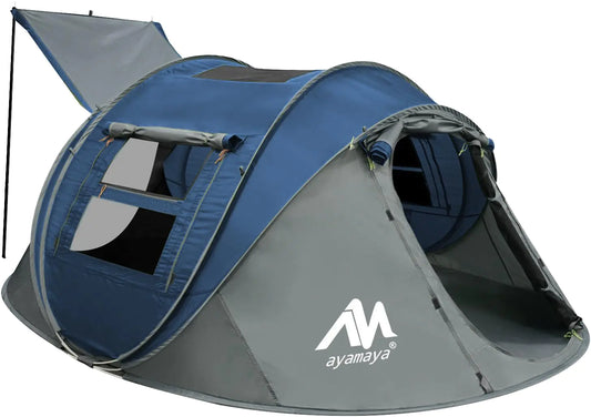 4 Person Pop Up Tents for Camping - AYAMAYA Waterproof Instant Family Tents with Skylight & Removable Rainfly Upgraded Large Size with 2 Doors -Automatic Easy Setup Beach Tent with Poles