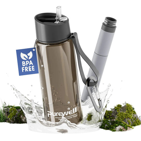 Purewell Filtered Water Bottle BPA Free with 5-Stage Integrated Filter Straw for Camping Hiking Backpacking and Travel