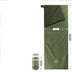Green sleeping bag with dimensions and features on a white background