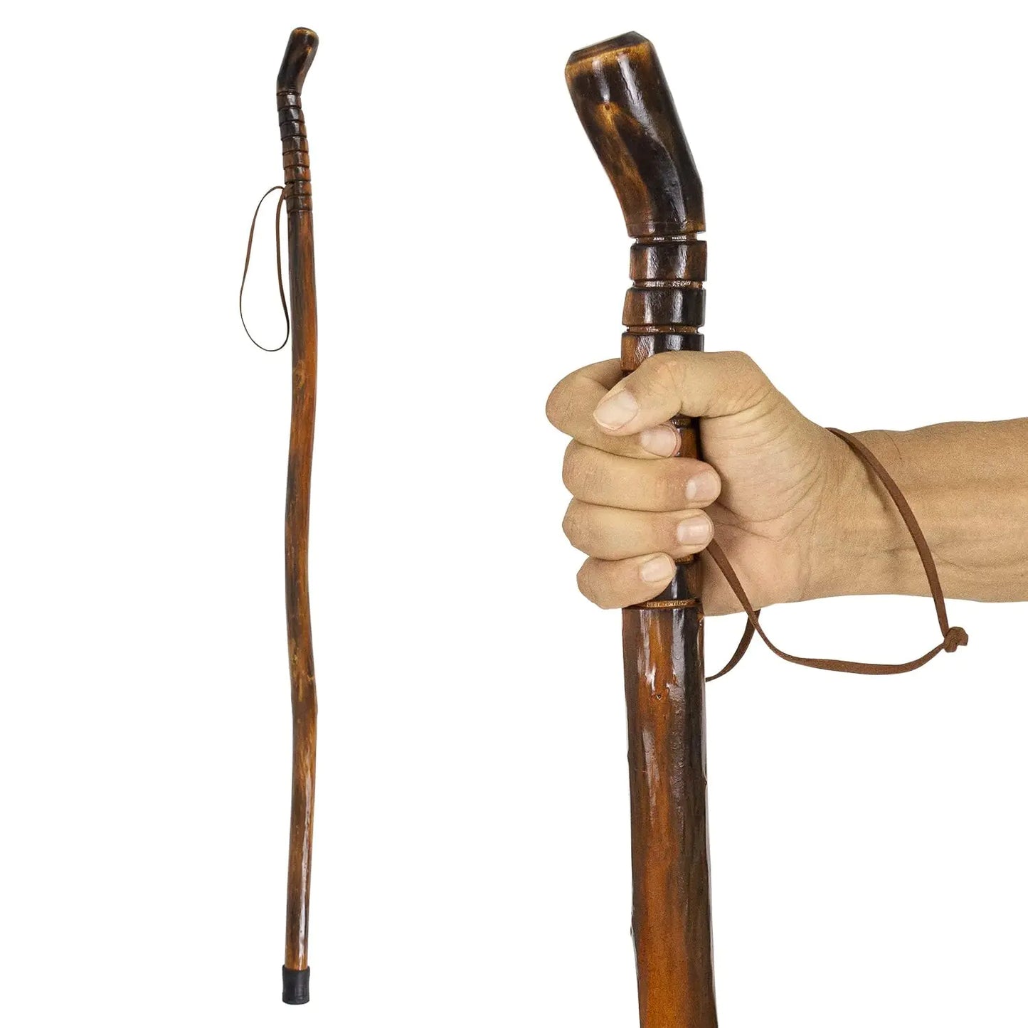 Vive Wooden Walking Stick for Hiking - Handcrafted Waterproof with Leather Wrist Strap - Wood Staff for Balance Women Men Seniors - Non-Slip Tip for Safety & Support